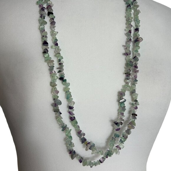 Fluorite Gemstone Chip Chippy Beaded Necklaces Lot 2 Green Purple Natural 32" - Picture 1 of 9